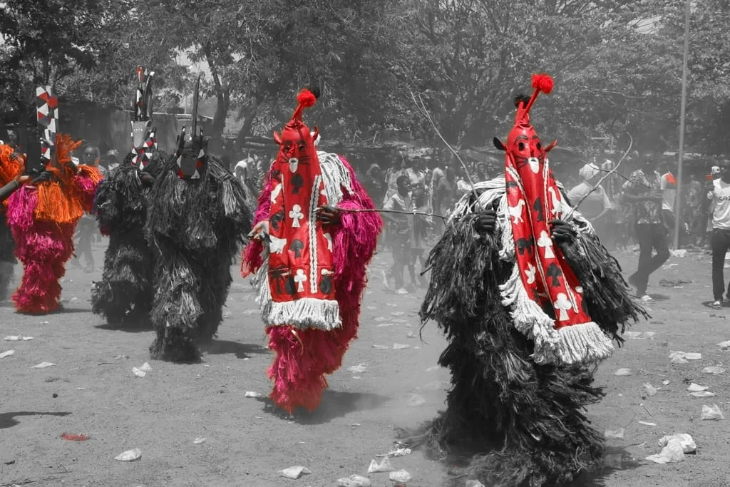 Troupe de danseurs en costumes de fibres et masques traditionnels rouges, lors d’une parade culturelle