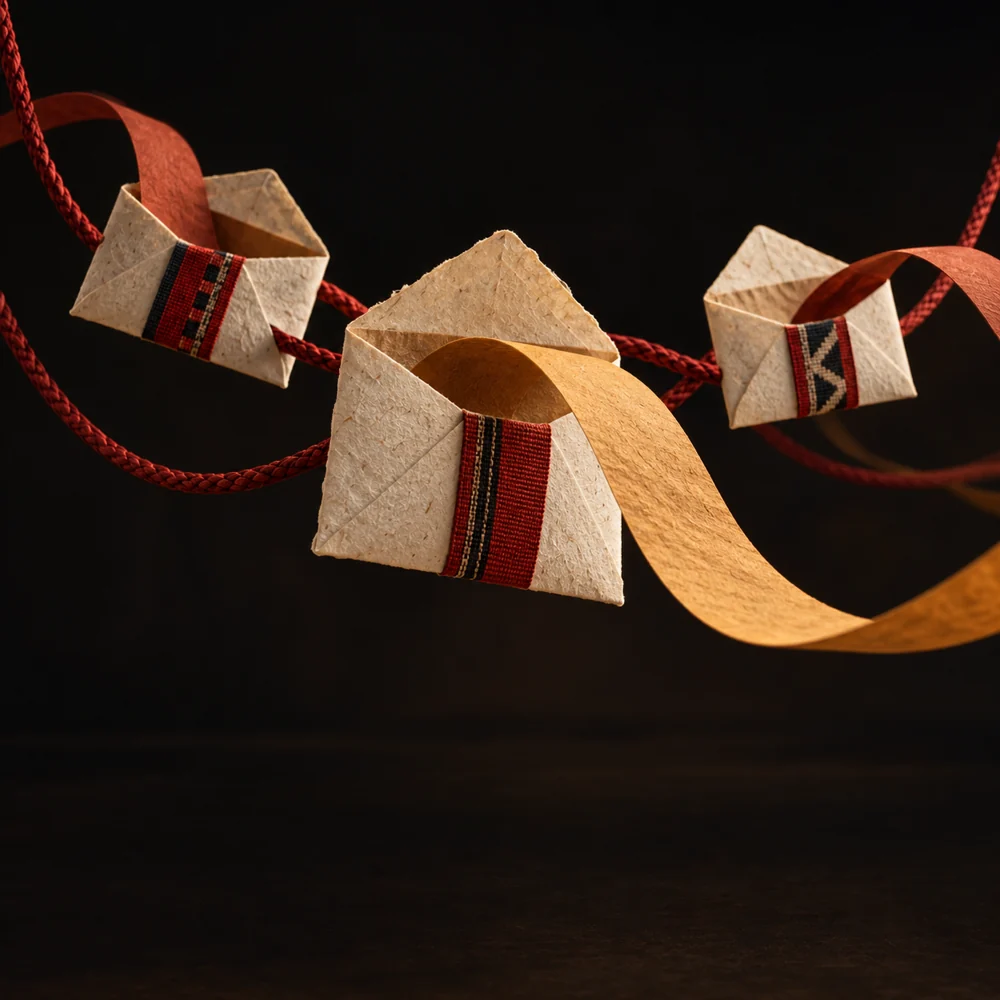 Enveloppes en papier artisanal et bandes tissées évoquant la circulation des messages.