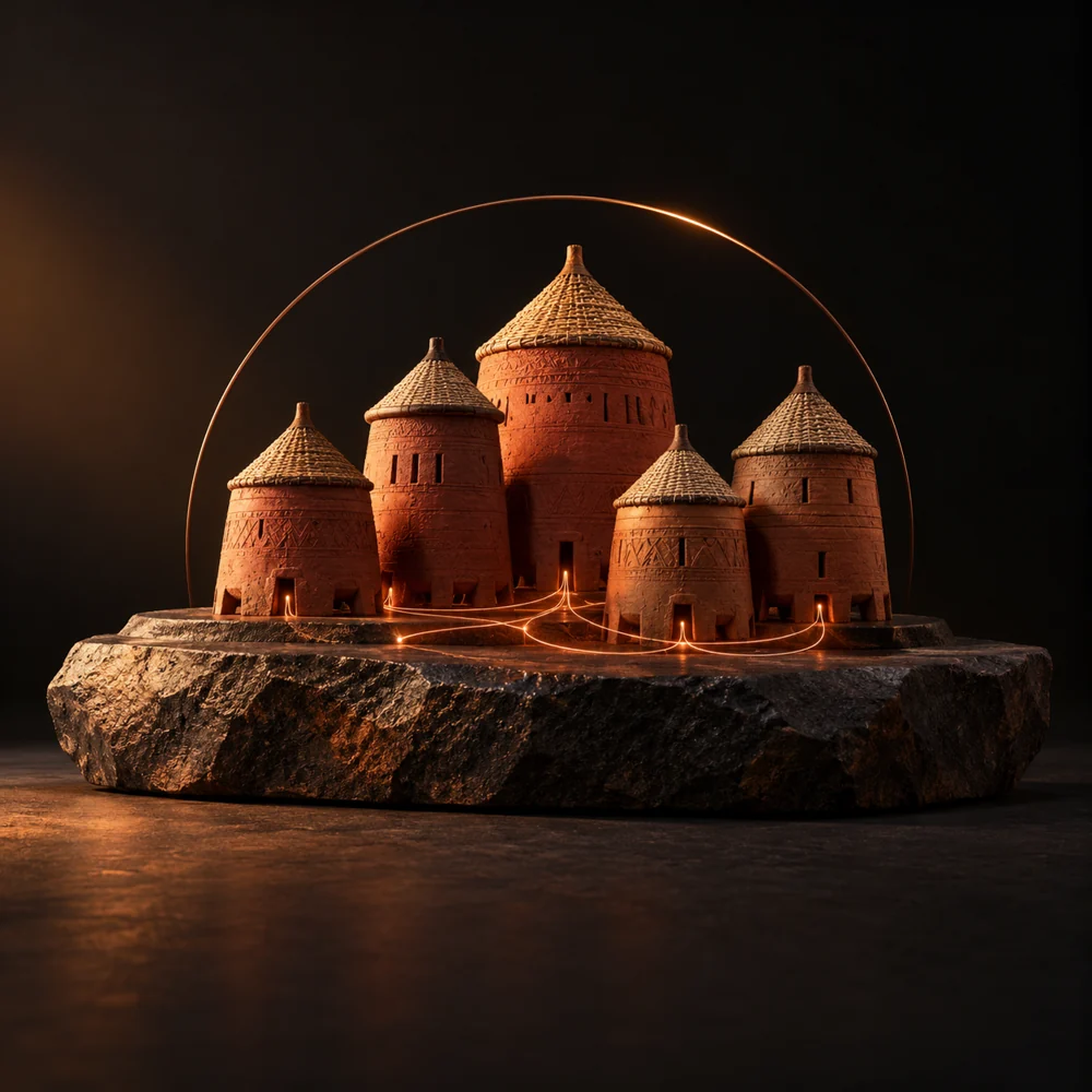 Greniers sculpturaux inspirés de l’architecture ouest-africaine, une évocation du stockage sécurisé.