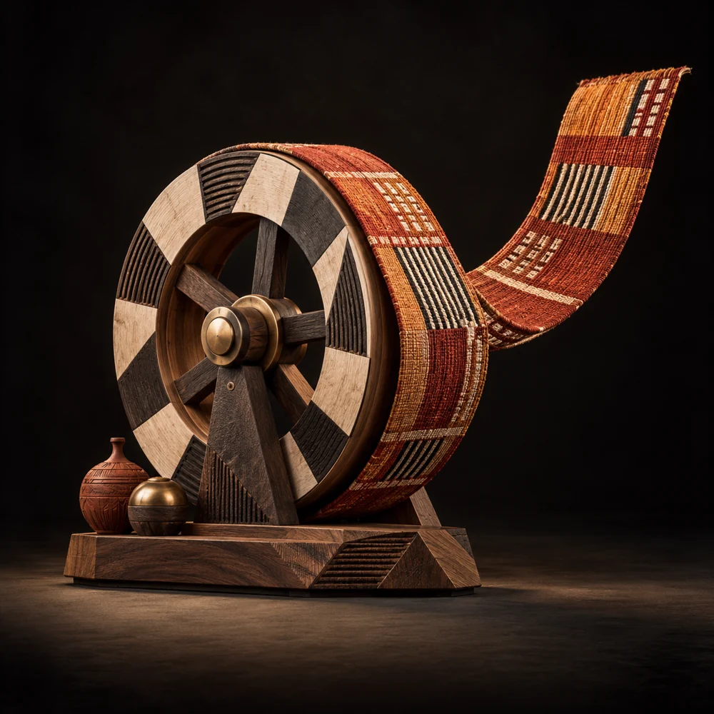 Roue artisanale en bois et ruban tissé tournés vers l’avant, une évocation de l’élan de votre activité.