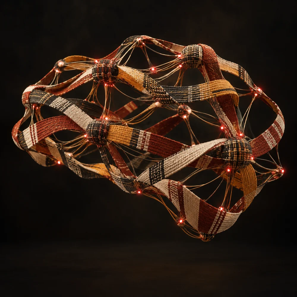 Réseau neuronal abstrait en bandes tissées inspirées des textiles ouest-africains, reliées par des points lumineux rouges.