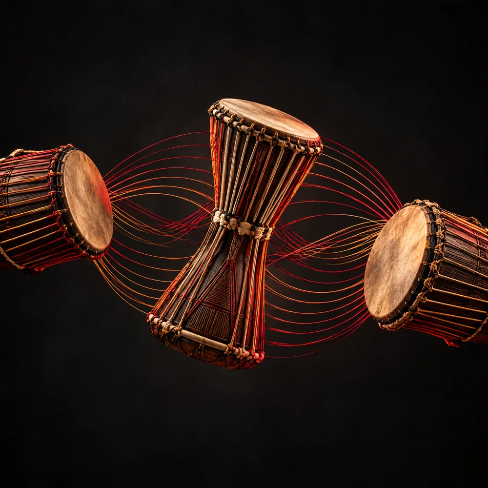 Percussions africaines reliées par des ondes de fils rouges et dorés.