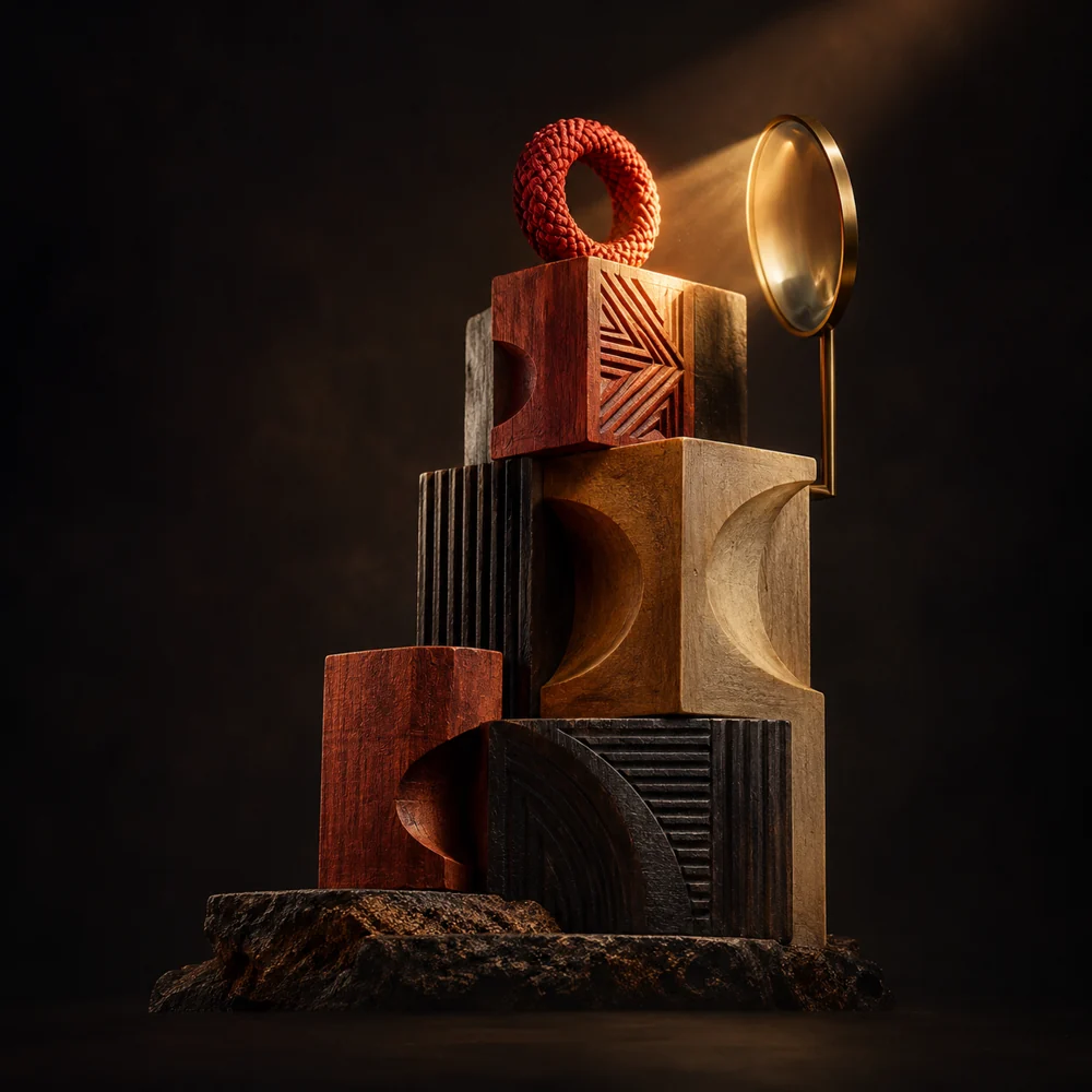 Formes de bois sculpté éclairées par une lentille, une évocation de la visibilité.