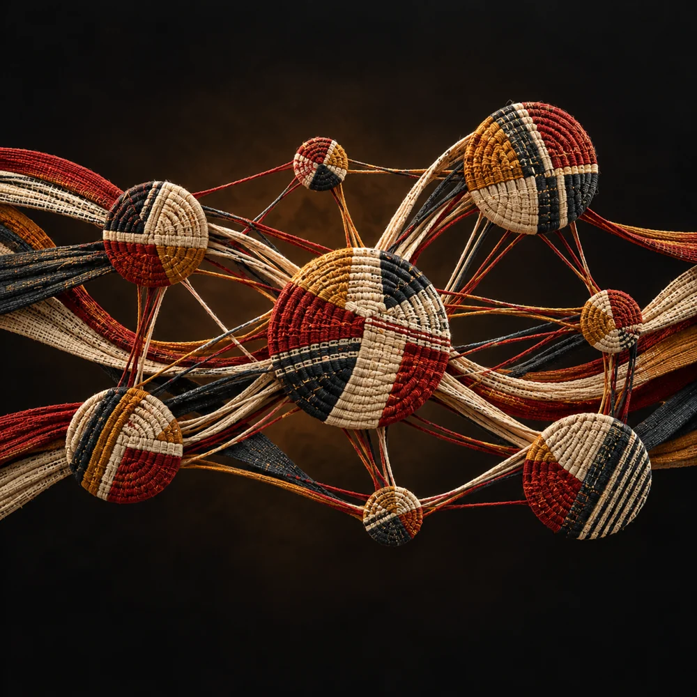Réseau abstrait de fils et de tissages inspirés des textiles burkinabè.