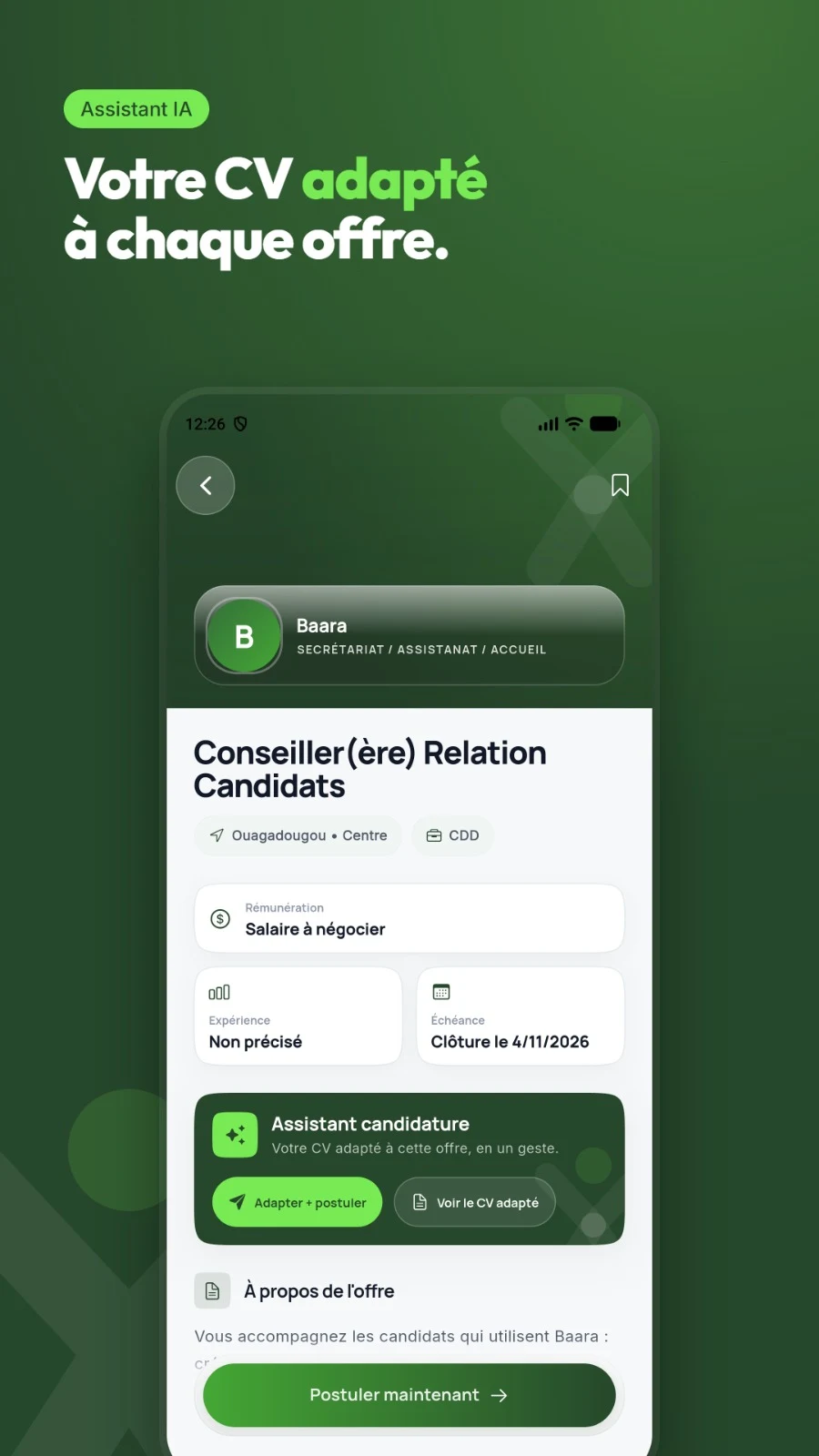 Baara — Assistant candidature sur mobile, visuel officiel fourni
